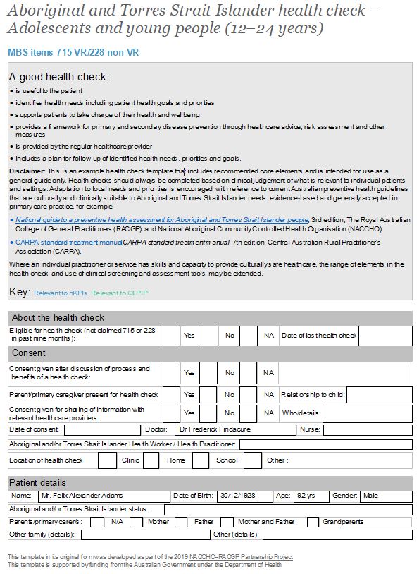Aboriginal and Torres Strait Islander Health Check Young People Template
